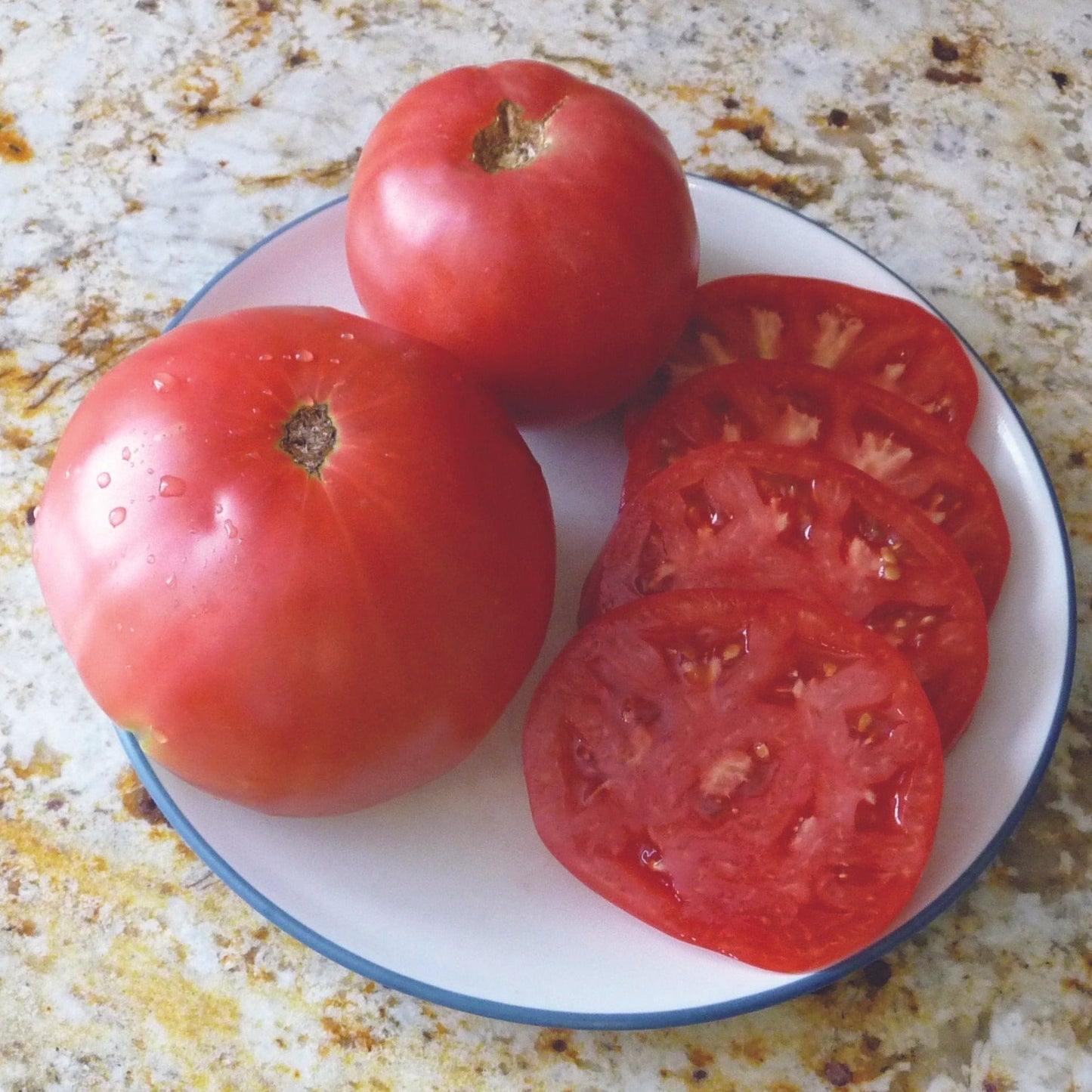 Heirloom Granny Cantrells tomato from MIgardener, ripe red and round with green stems, ready for harvest.