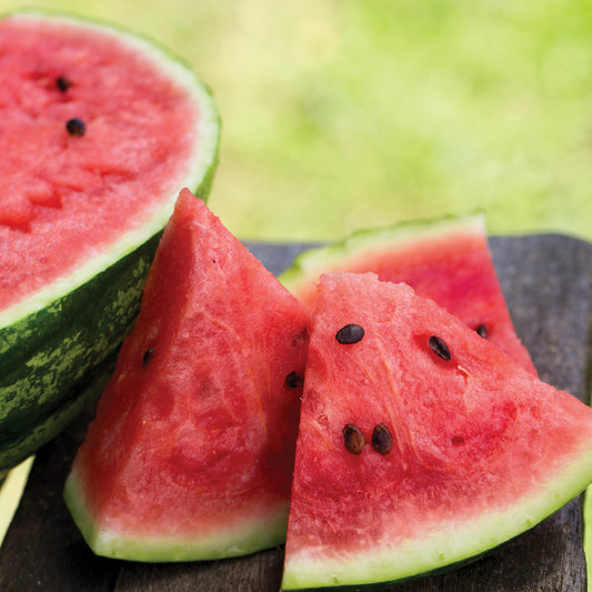MIgardener Cal-Sweet Watermelon showing ripe green rind with bright red flesh and black seeds, fresh and juicy in appearance.