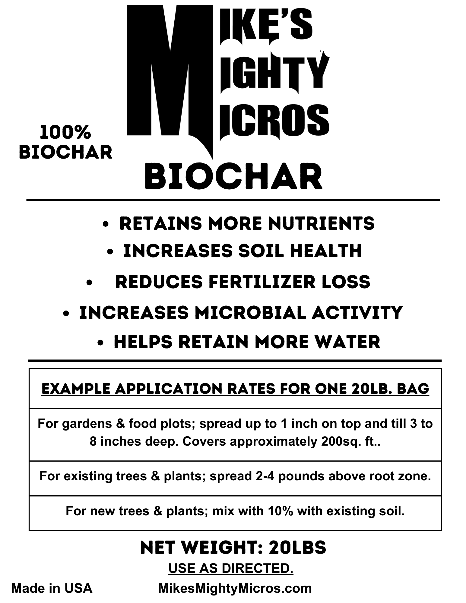 Close-up of Mike's Mighty Micros Biochar bag showing the product label and branding for organic soil amendment.