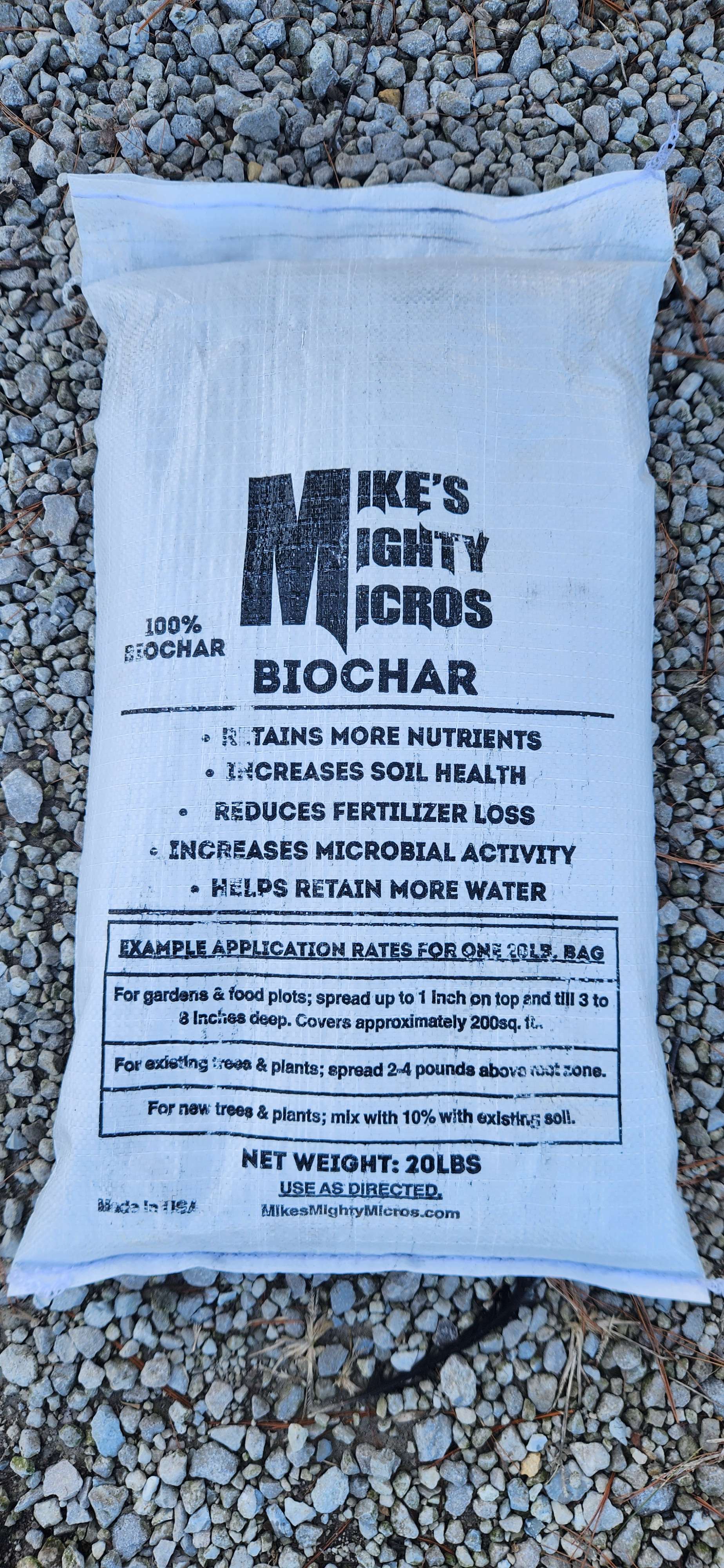 Mikes Mighty Micros Biochar in a bag, showing the product label with branding and earthy color design.