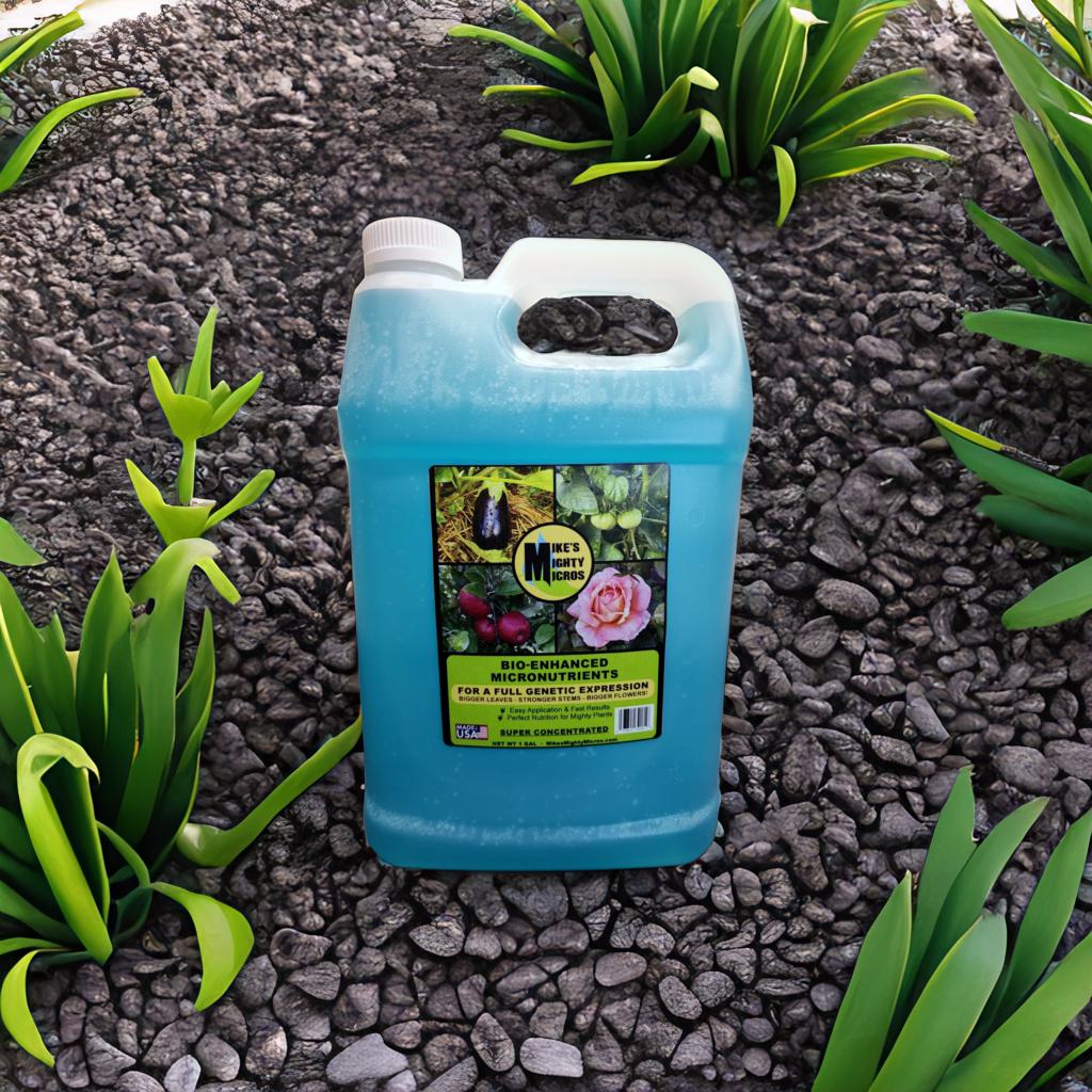 Bottle of Mike's Mighty Micros Micronutrients Bio-Enhanced Super Concentrate with a clear label, sitting on a white surface.