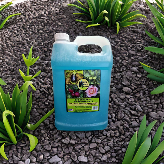Bottle of Mike's Mighty Micros Micronutrients Bio-Enhanced Super Concentrate with a clear label, sitting on a white surface.