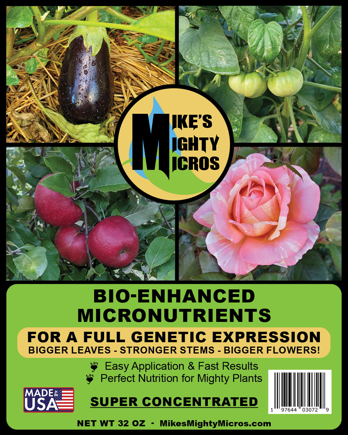 Bottle of Mike's Mighty Micros Micronutrients Bio-Enhanced Super Concentrate by Mikes Mighty Micros, 8 oz container on a white background.