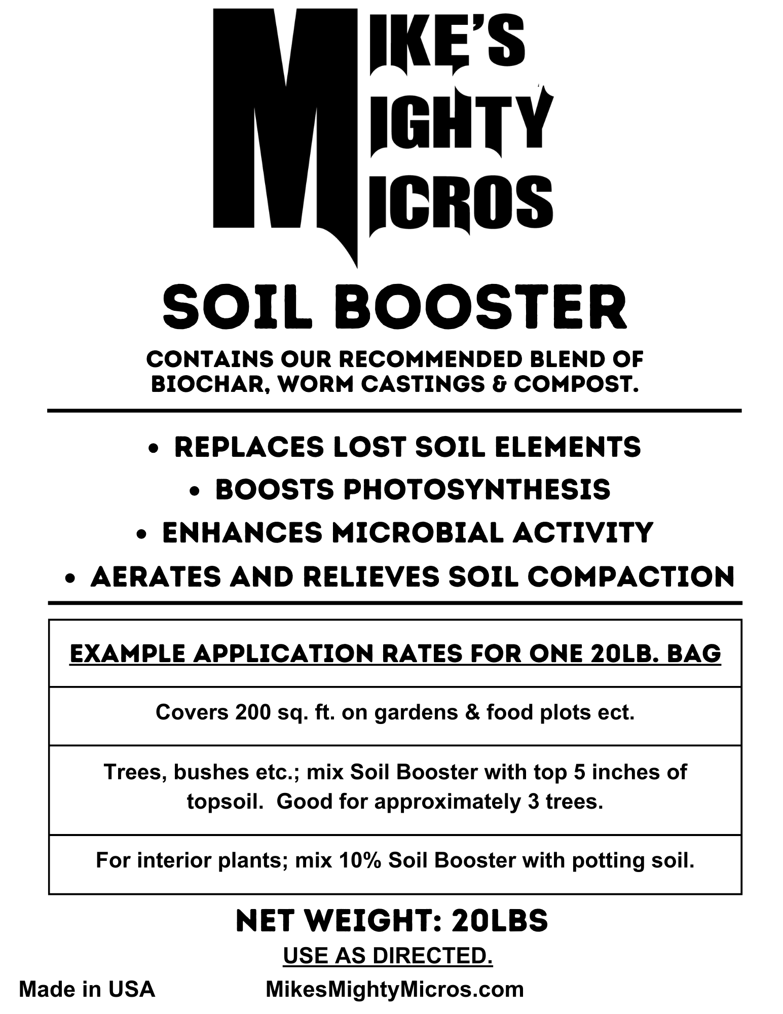 Mikes Mighty Micros Soil Booster fertilizer bag showing the product label and branding for plant nourishment.