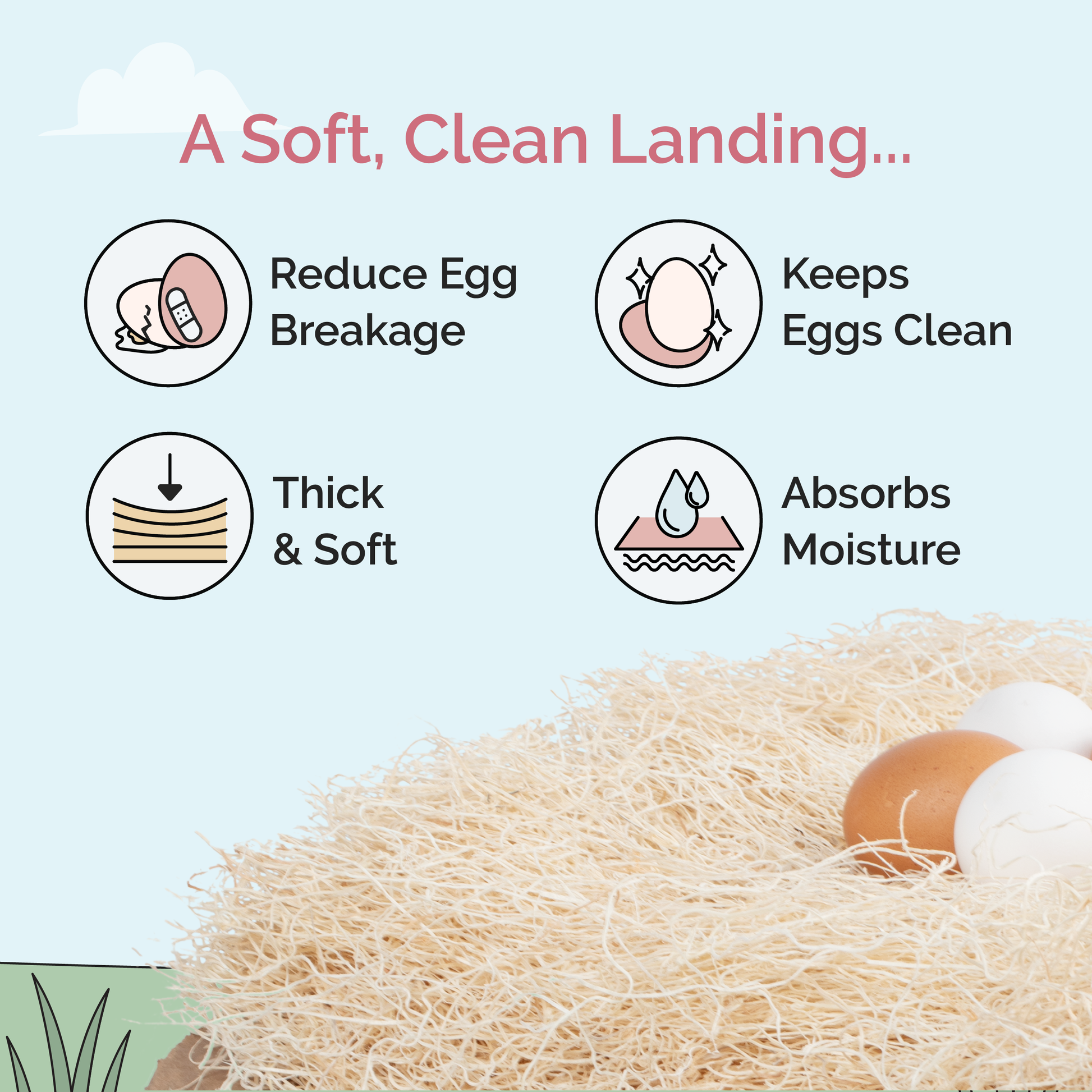 Mile Four chicken nesting pads, soft and absorbent bedding for hens, shown in a close-up of 10 pads on a farm coop floor.