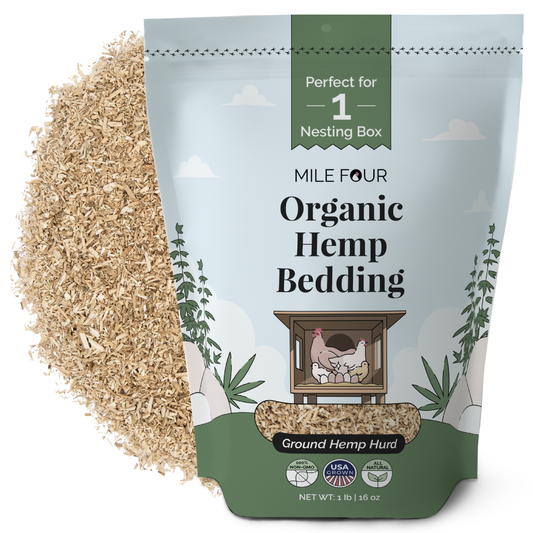 Mile Four hemp bedding for chicken coops, 44 lbs, natural and absorbent chicken bedding material with 7 cubic feet volume.