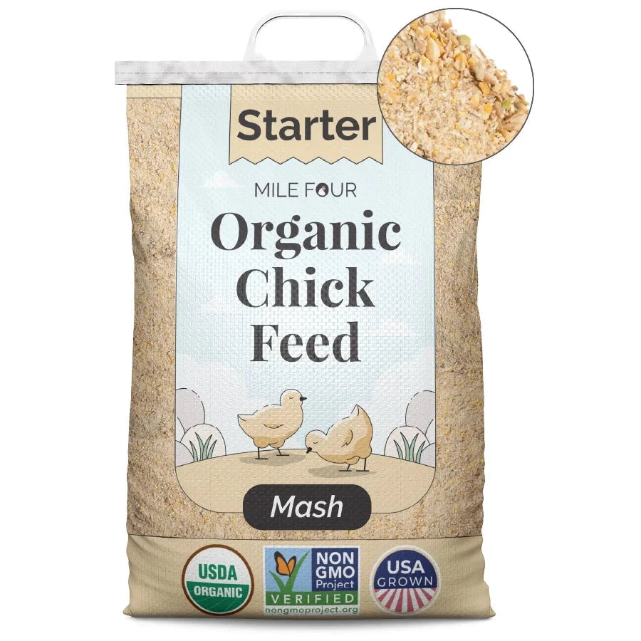 Mile Four Starter Organic Chicken Feed in a 2-lb bag, showing chicken feed mash with organic ingredients for young chickens.