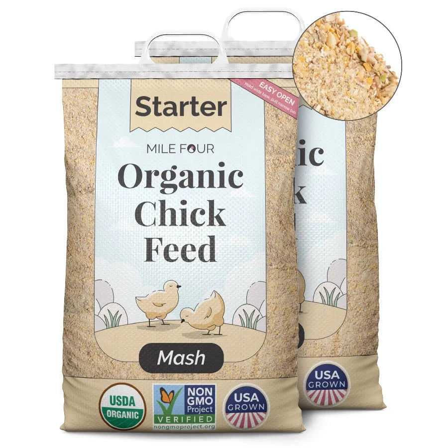 Mile Four Starter Organic Chicken Feed mash in a 2-pound bag, designed for healthy growth of young poultry.