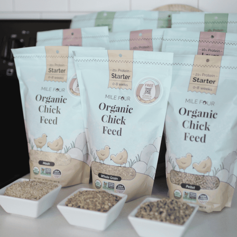 Mile Four Starter Organic Chicken Feed in a 2-pound bag, natural mash for healthy poultry nutrition
