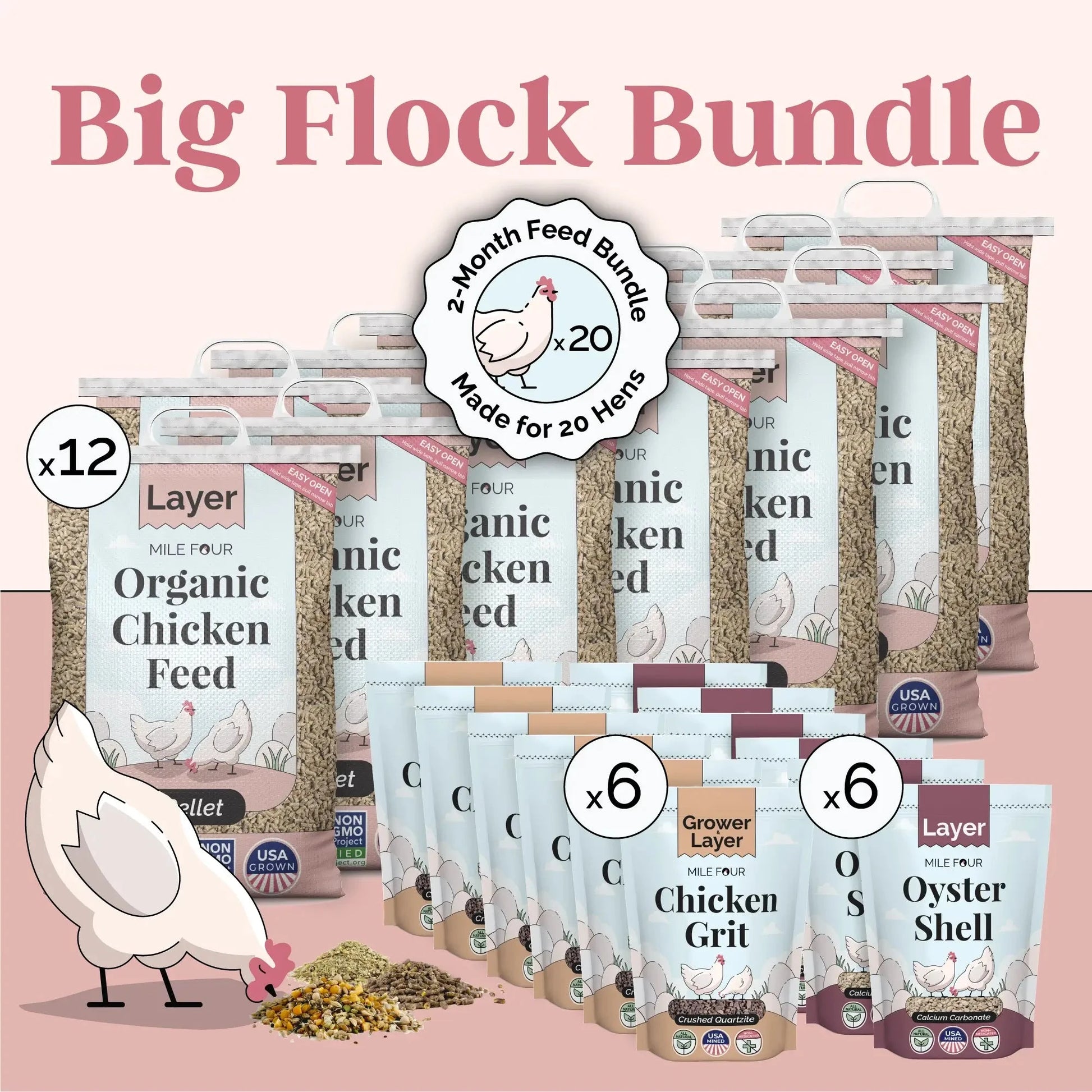 Big Flock Bundle chicken feed by Mile Four with organic feed, grit, and oyster shell for 20 layer hens.
