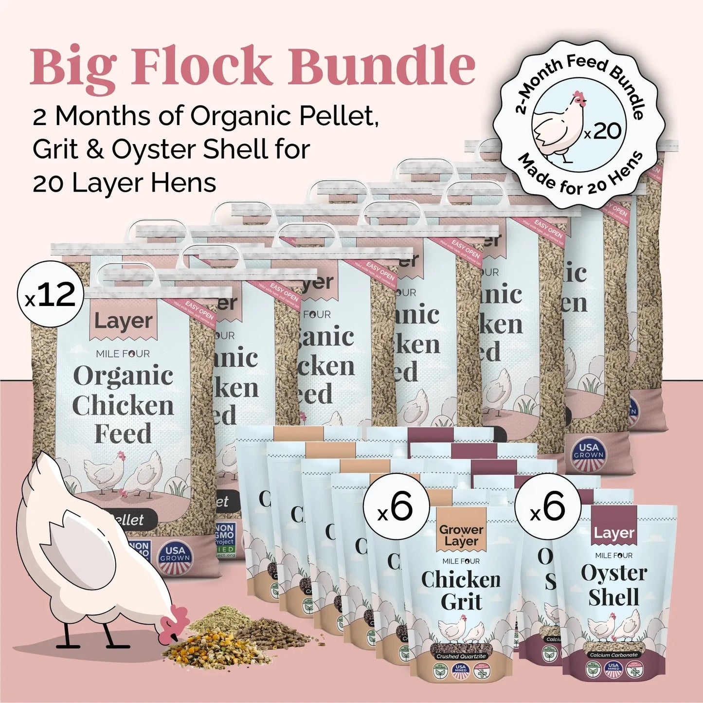 Big Flock Bundle chicken feed by Mile Four with organic feed, grit, and oyster shell for 20 layer hens in a clear bag.