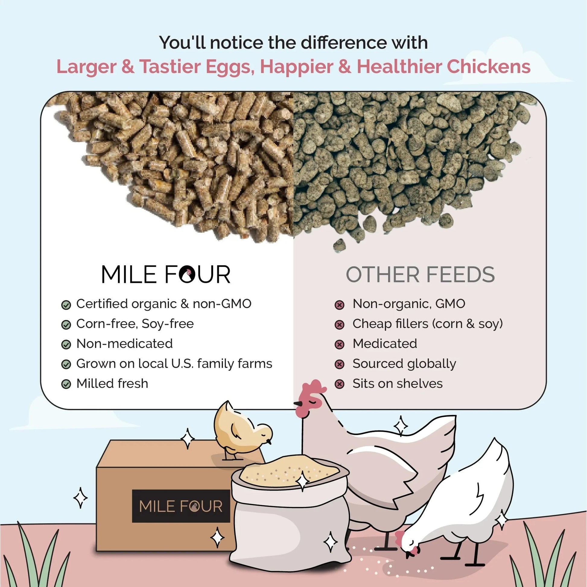 Big Flock Bundle chicken feed by Mile Four with organic feed, grit, and oyster shell for 20 layer hens, shown in a farm setting.