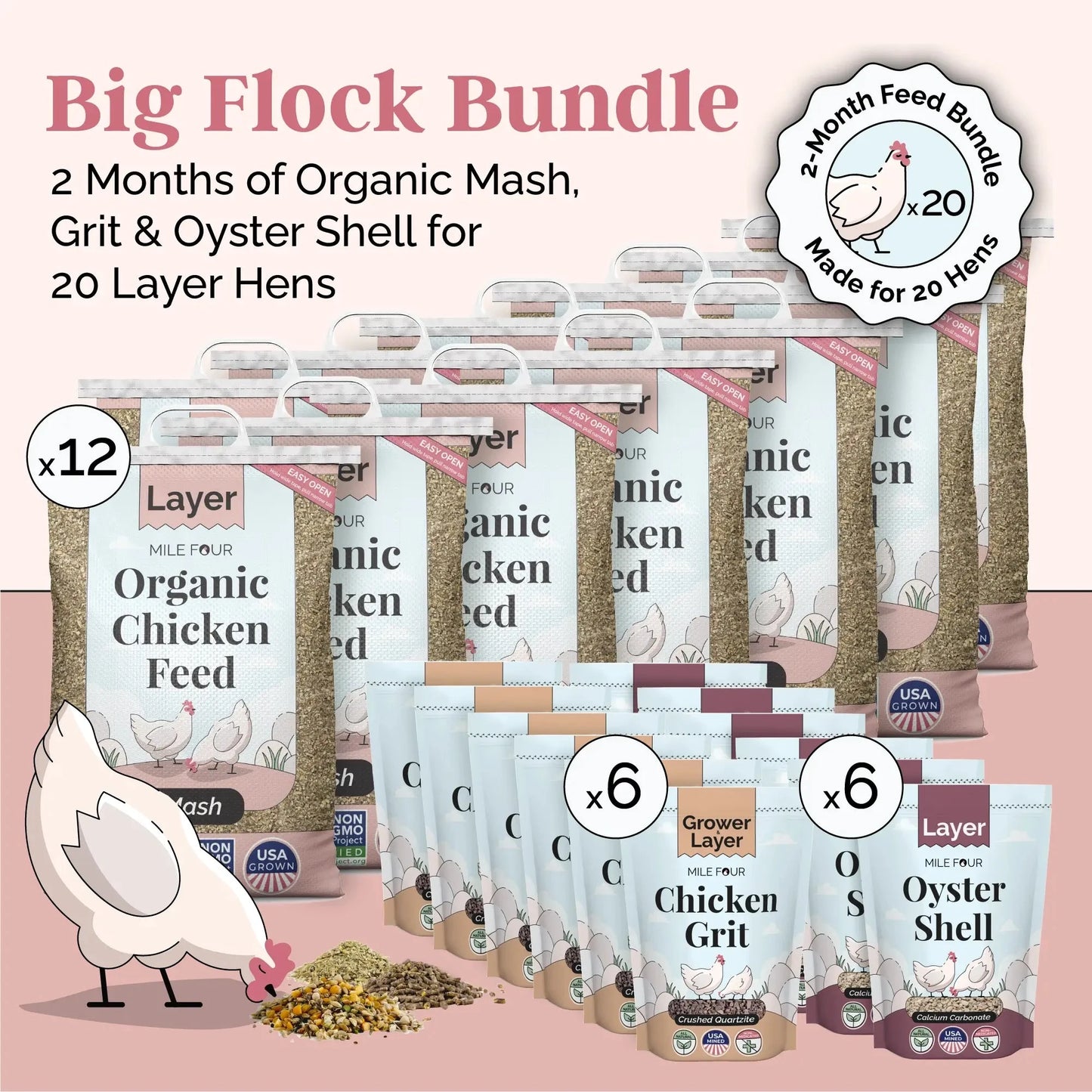 Mile Four Big Flock Bundle chicken feed with organic mash, grit, and oyster shell for 20 layer hens, 2 months supply.