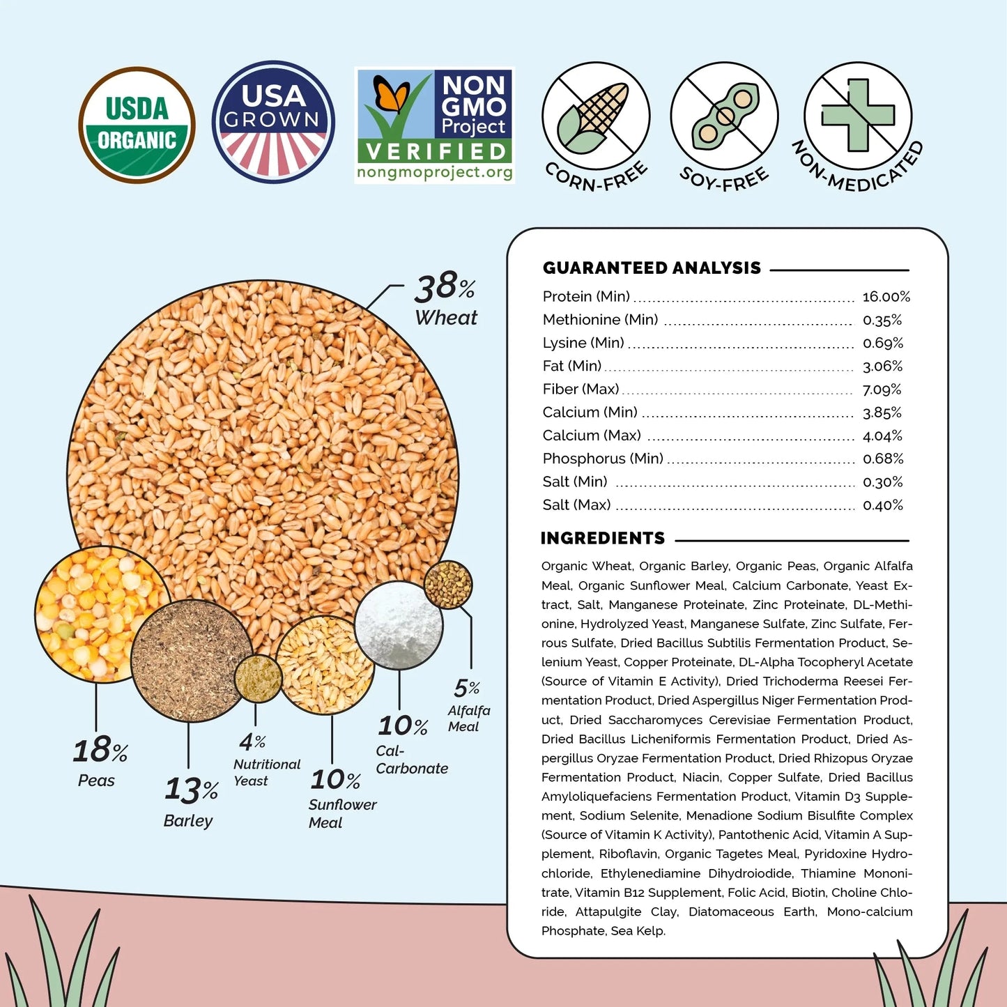 Big Flock Bundle chicken feed by Mile Four with organic mash, grit, and oyster shell for 20 layer hens, shown in the image.