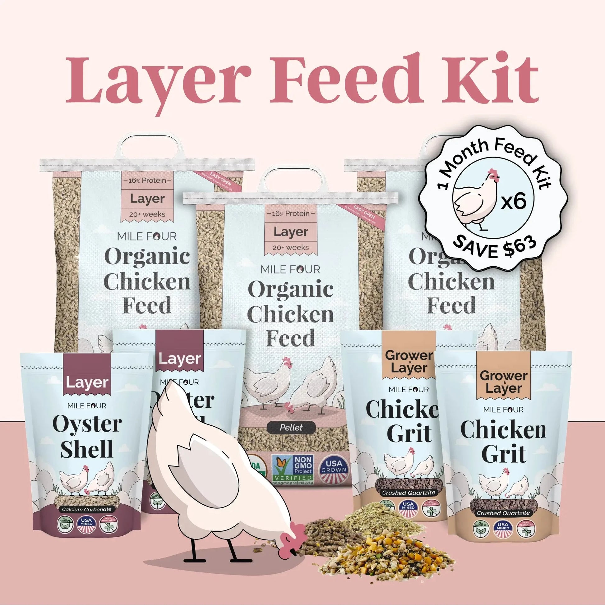 Mile Four chicken feed Layer Feed Kit with organic mash, grit, and oyster shell for six hens, shown in a farm setting.
