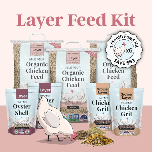 Mile Four chicken feed Layer Feed Kit with organic mash, grit, and oyster shell for six hens, shown in a farm setting.