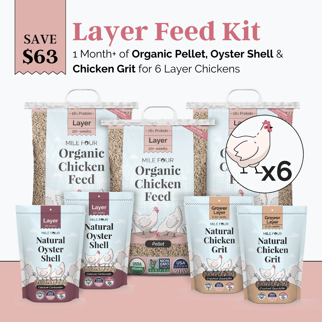 Mile Four chicken feed kit with organic layer mash, grit, and oyster shell for six hens, suitable for one month of poultry nutrition