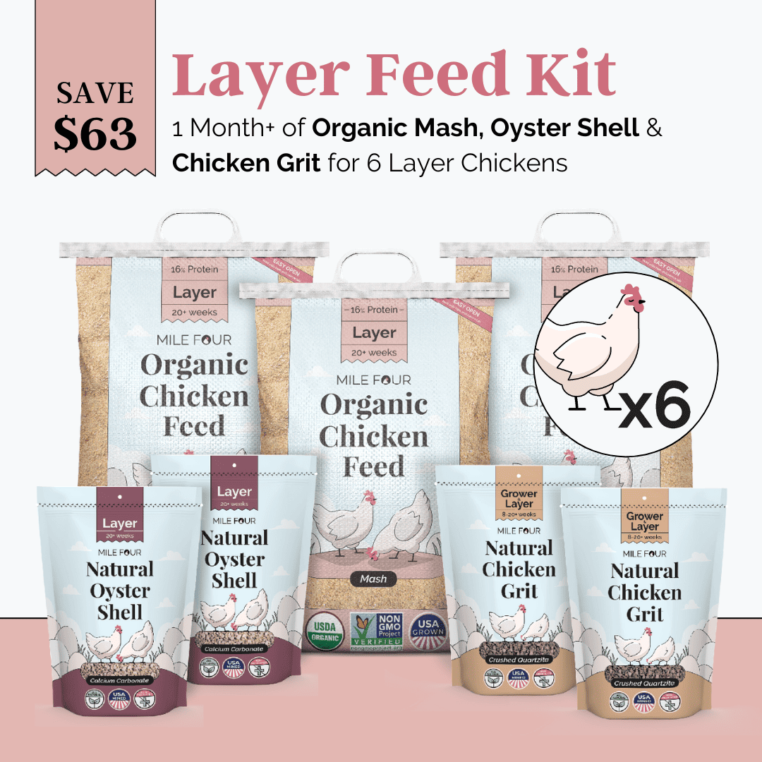 Mile Four chicken feed kit with organic mash, grit, and oyster shell for six laying hens, 1-month supply.