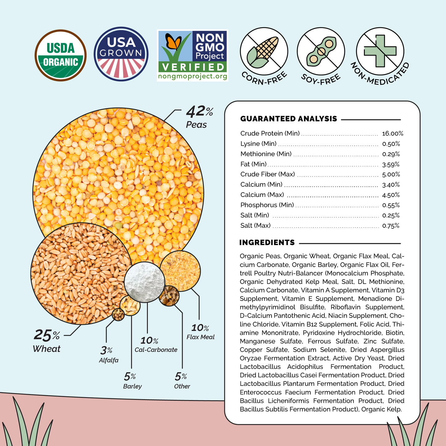 Mile Four chicken feed layer kit with organic mash, grit, and oyster shell for six hens, 1-month supply in a natural feed mix.