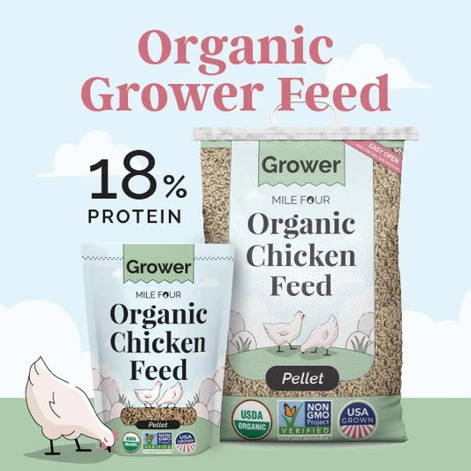 Organic chicken feed pellets from Mile Four Grower Chicken Feed, designed for healthy poultry nutrition.