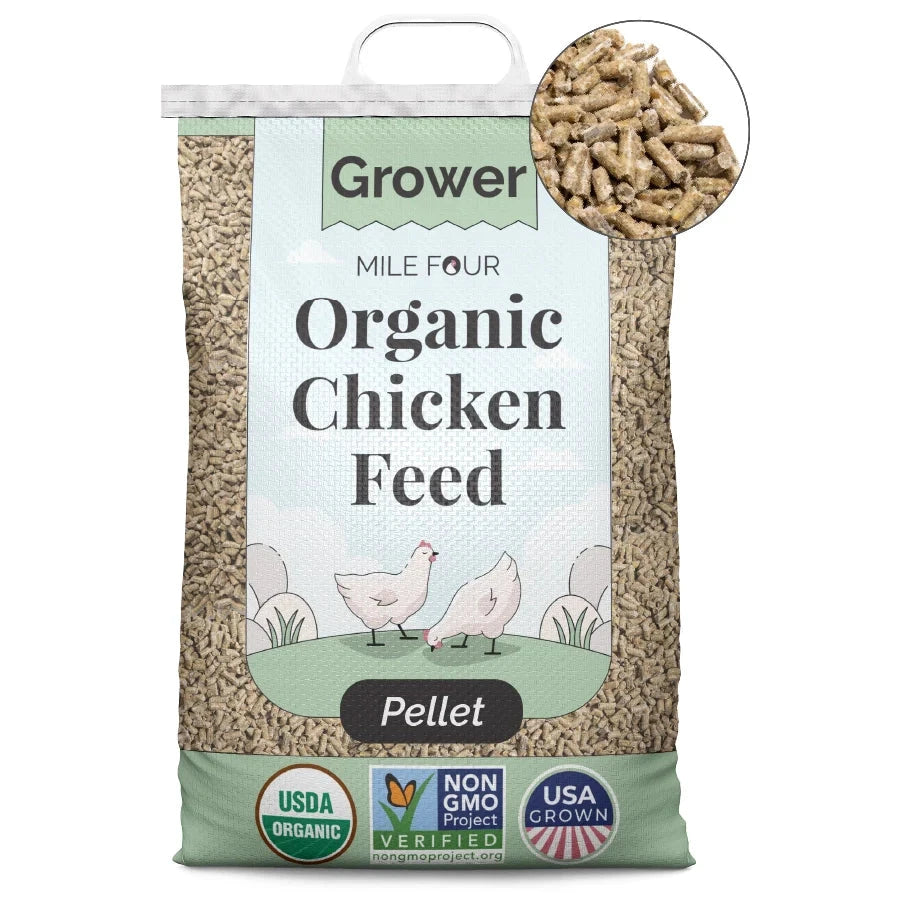 Organic chicken feed pellets by Mile Four, 2 lbs Grower variety, shown in a clear image suitable for poultry nutrition.