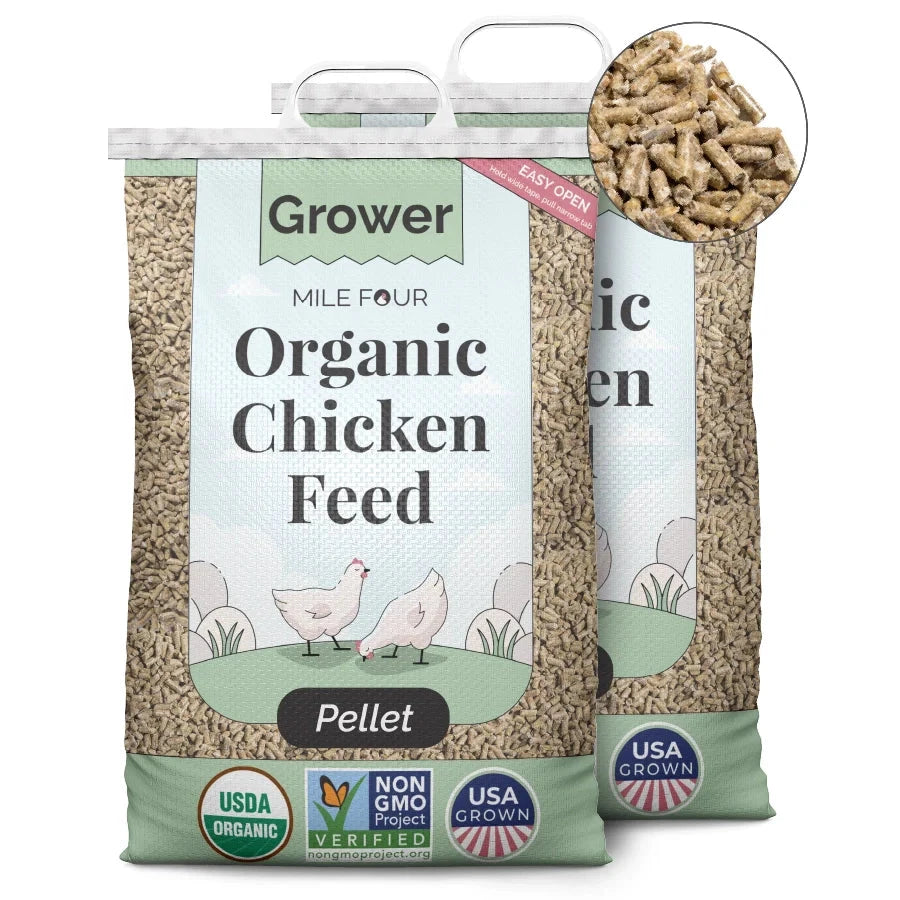 Organic chicken feed pellets by Mile Four, Grower variety, packed in a 2-pound bag, for healthy poultry nutrition.