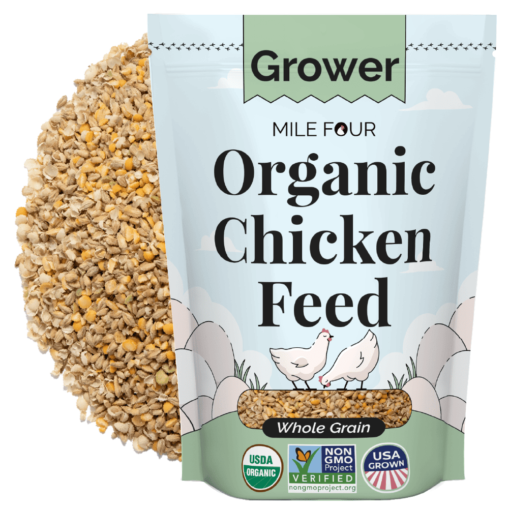 Organic chicken feed pellets from Mile Four Grower line, 2 lbs, suitable for healthy poultry nutrition