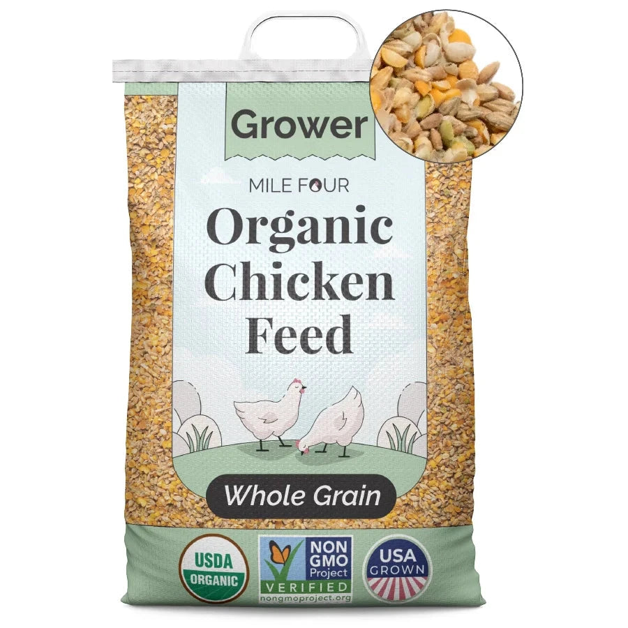 Organic chicken feed pellets by Mile Four, designed for growing chickens, shown in a 2-pound bag.