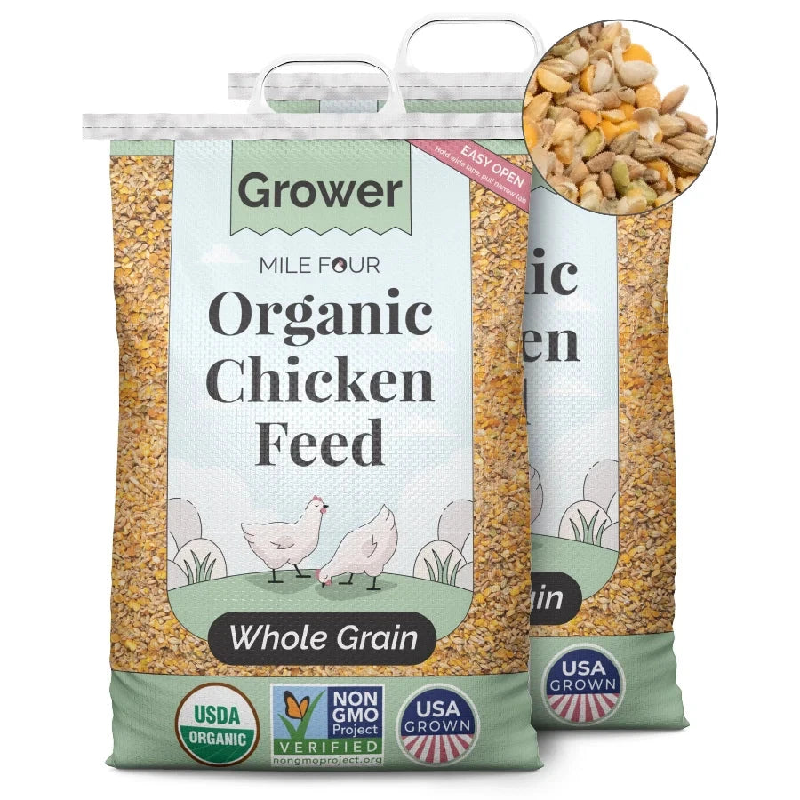 Mile Four Grower Organic Chicken Feed pellets in a 2-pound bag for healthy poultry nutrition.