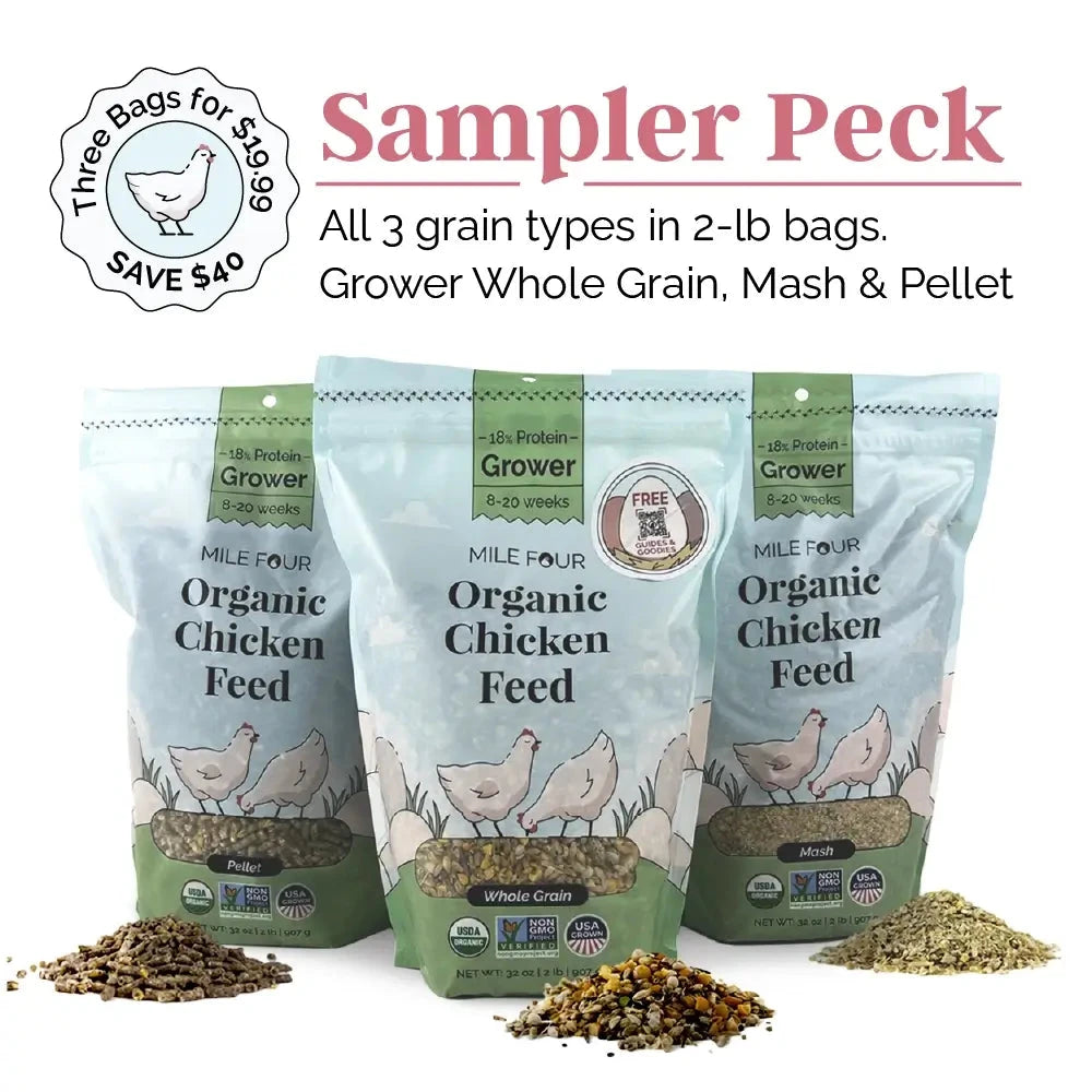 Mile Four Grower Organic Chicken Feed pellets in 2 lbs bag, natural chicken feed for healthy poultry nutrition
