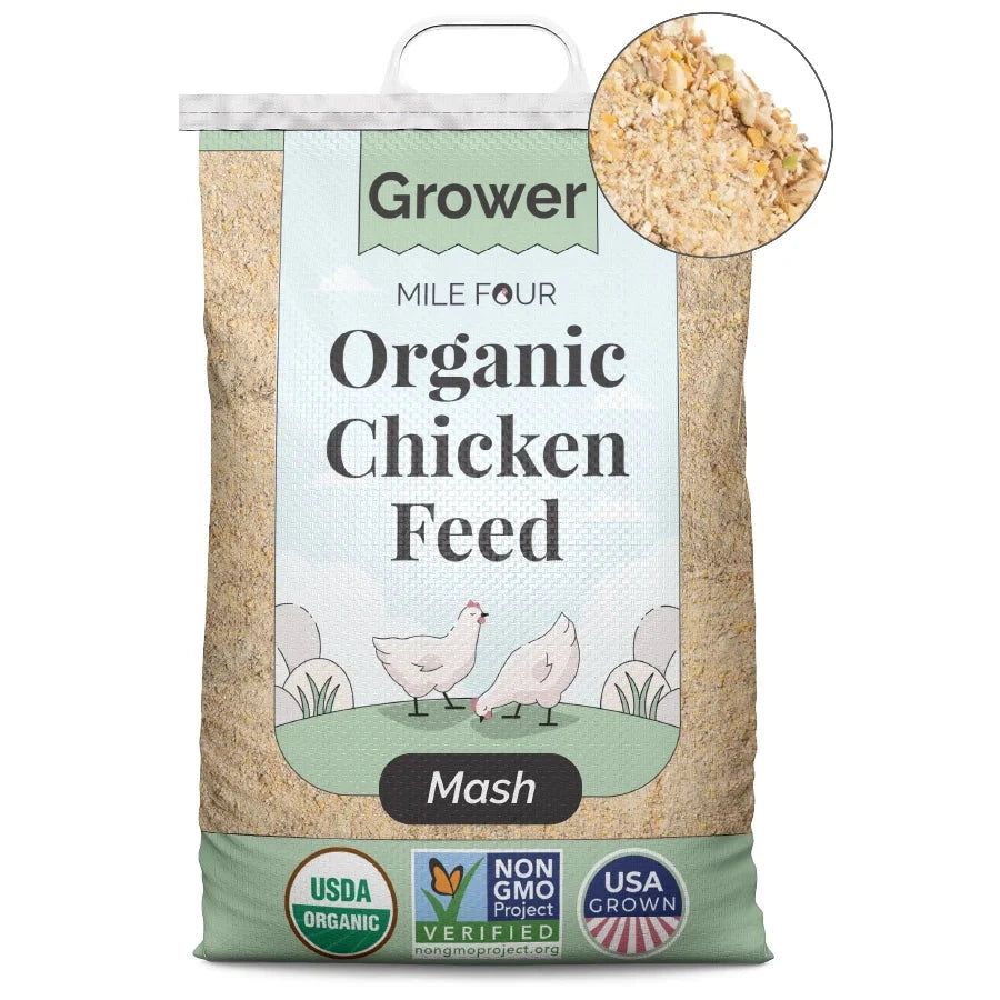 Organic chicken feed pellets by Mile Four, 2 lbs Grower formula for healthy poultry nutrition.