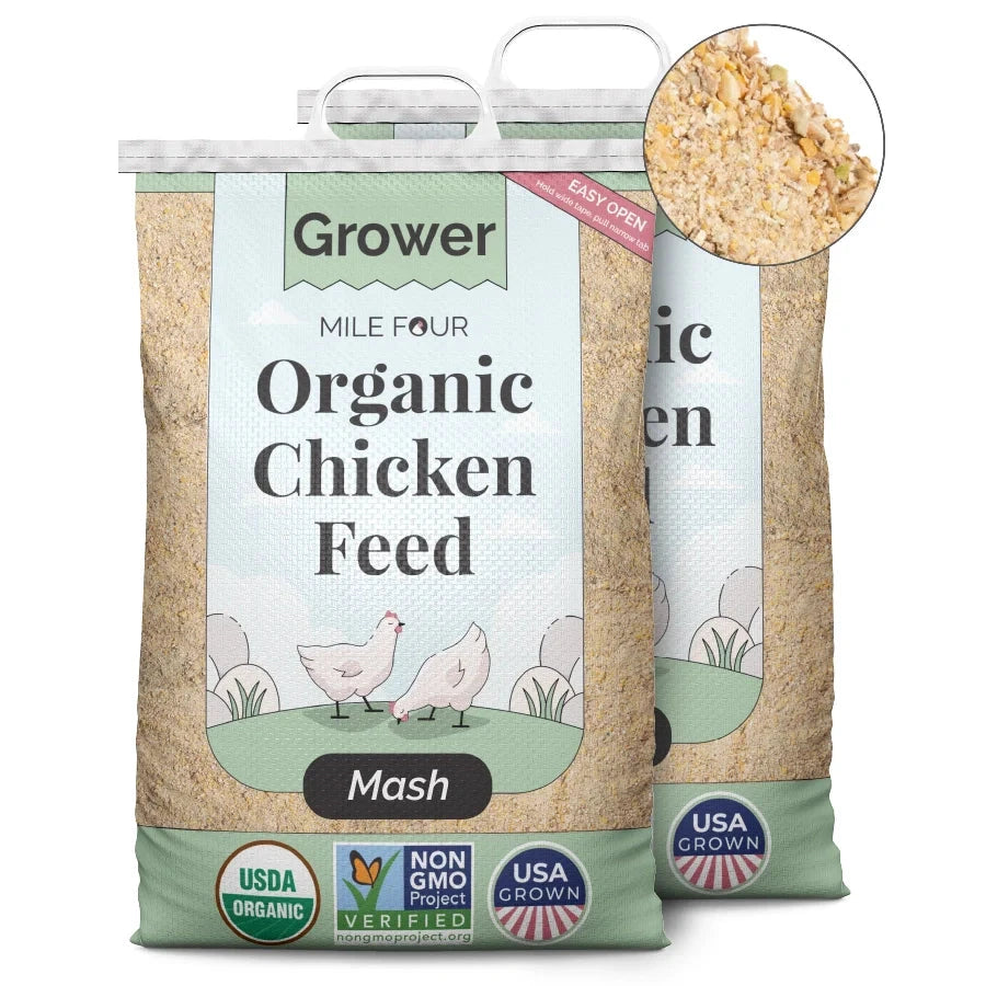Mile Four Grower Organic Chicken Feed pellets in a 2 lb bag, natural and nutritious feed for healthy chickens