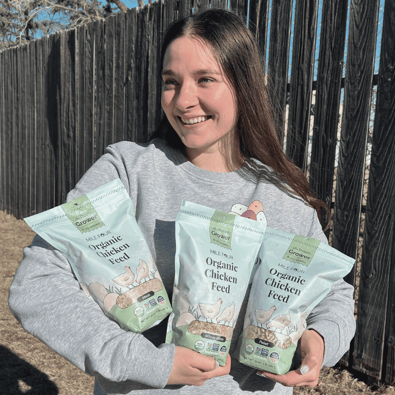 Organic chicken feed pellets by Mile Four, 2 lbs grower formula for healthy poultry nutrition.