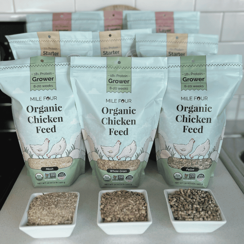 Organic chicken feed pellets by Mile Four, grower formula, 2 lbs bag, suitable for healthy poultry nutrition