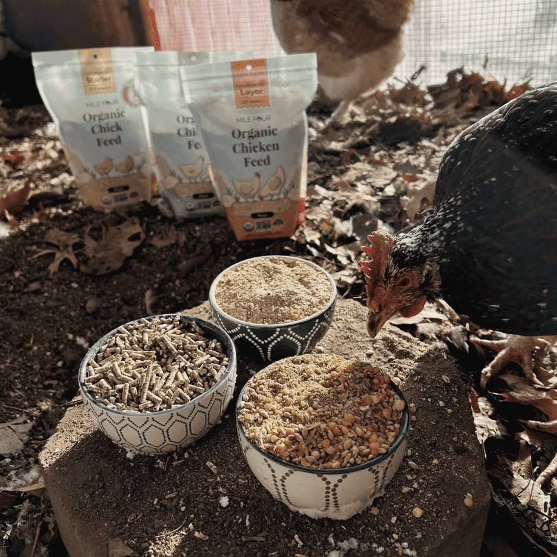 Organic chicken feed pellets by Mile Four, Grower variety, designed for healthy poultry nutrition.