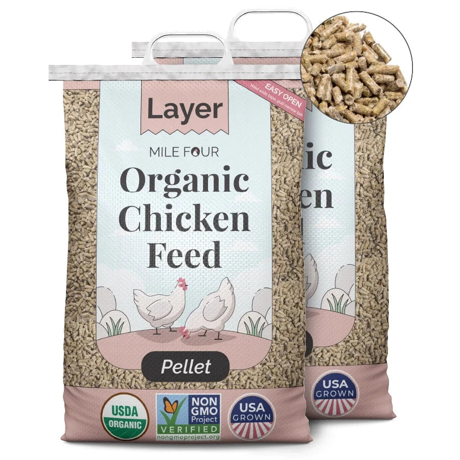 Organic Layer Chicken Feed pellets by Mile Four, 2 lbs bag, designed for healthy laying hens.