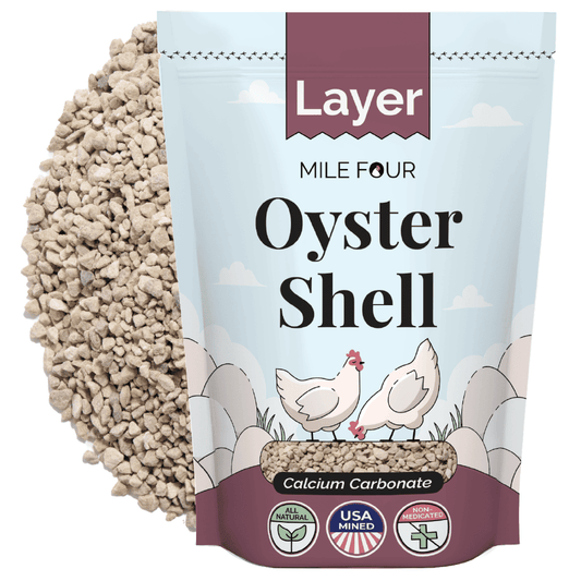 Mile Four oyster shell treat for birds and reptiles, 4 lbs, natural calcium supplement, shown in a clear bag with shell pieces visible.
