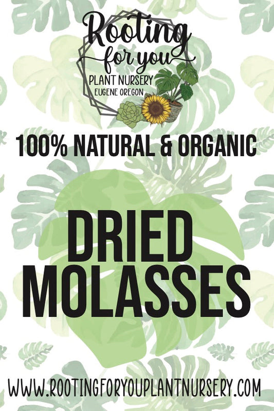 Dried molasses soil amendment by Rooting For You Plant Nursery showing a close-up of the textured, dark brown dried molasses product.