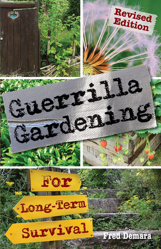 Cover image of the book "Guerrilla Gardening for Long-Term Survival" by Mother Earth News, featuring greenery and gardening tools.