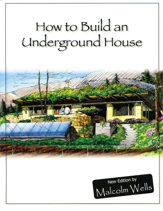 Mother Earth News book titled "How to Build an Underground House" showing the cover with illustrations and title text.