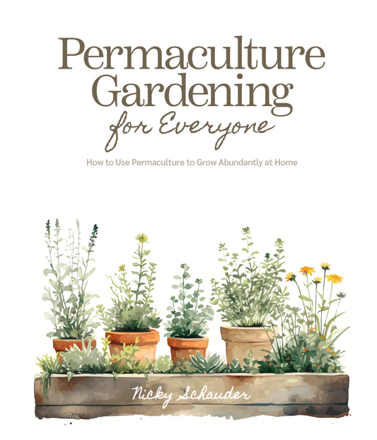 Book cover for "Permaculture Gardening For Everyone" by Mother Earth News, featuring lush garden images and green planting scenes.