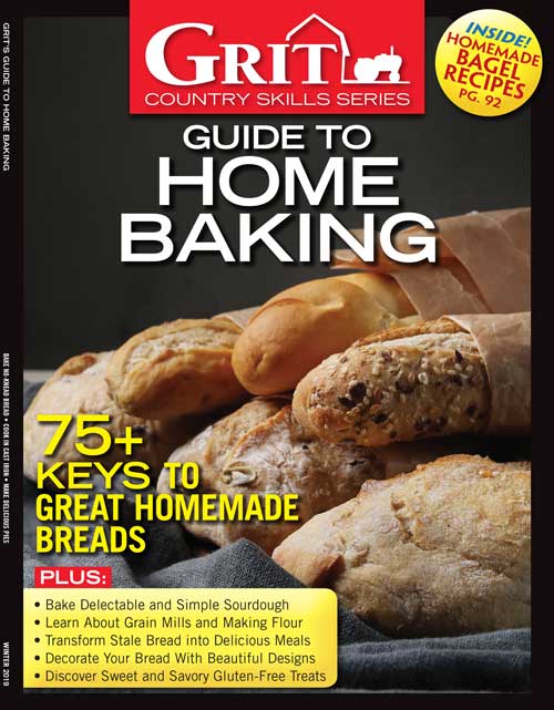 Cover of Mother Earth News Grit Guide to Home Baking 2nd Edition magazine, featuring baking tips and recipes on the front.