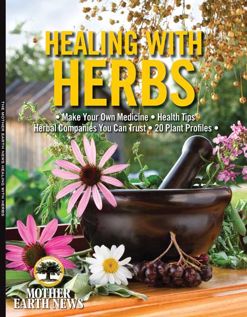 Cover of Mother Earth News magazine titled "Healing with Herbs," featuring herbal illustrations and natural healing themes.