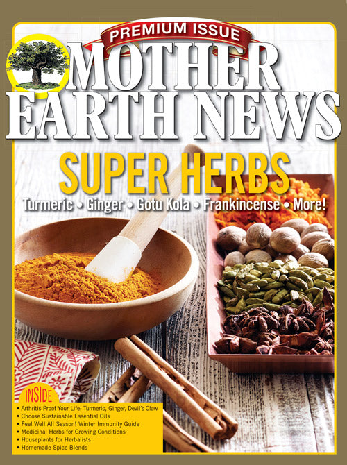 Cover of Mother Earth News premium magazine featuring Super Herbs, 2nd Edition, with herbal illustrations and magazine title.