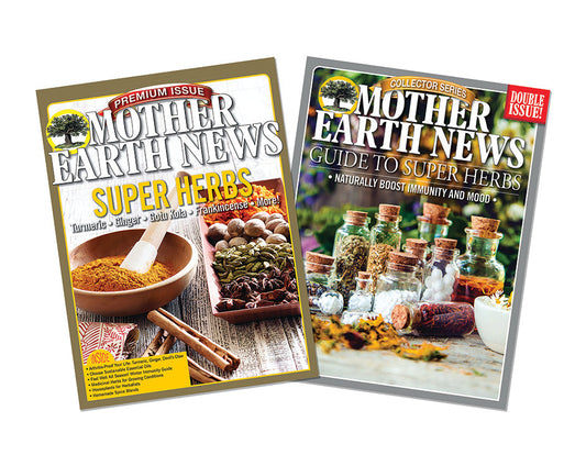 Mother Earth News Super Herbs Set magazines featuring herbal gardening tips and natural remedies on the cover.