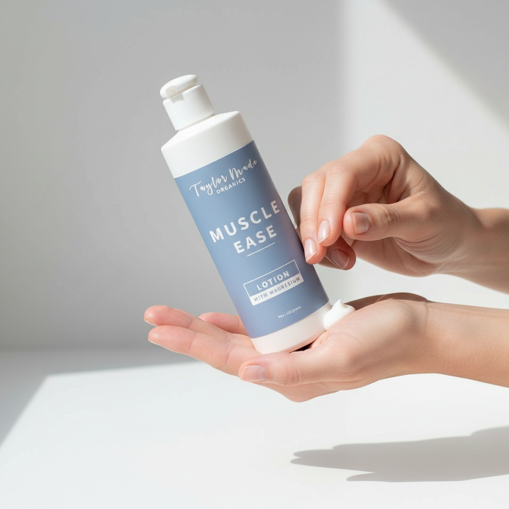 Close-up of Taylor Made Organics Muscle Ease Organic Lotion with Magnesium, a therapeutic lotion for muscle relief.