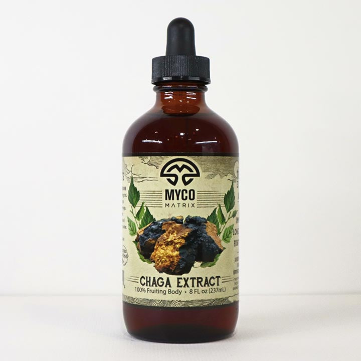 Mycomatrix CHAGA adaptogenic mushroom extract bottle from Mushroom Mountain with a white label and black cap.