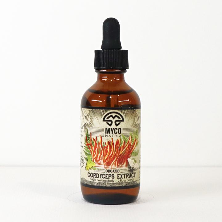Mycomatrix Cordyceps adaptogenic mushroom extract bottle from Mushroom Mountain with a white label and black cap.