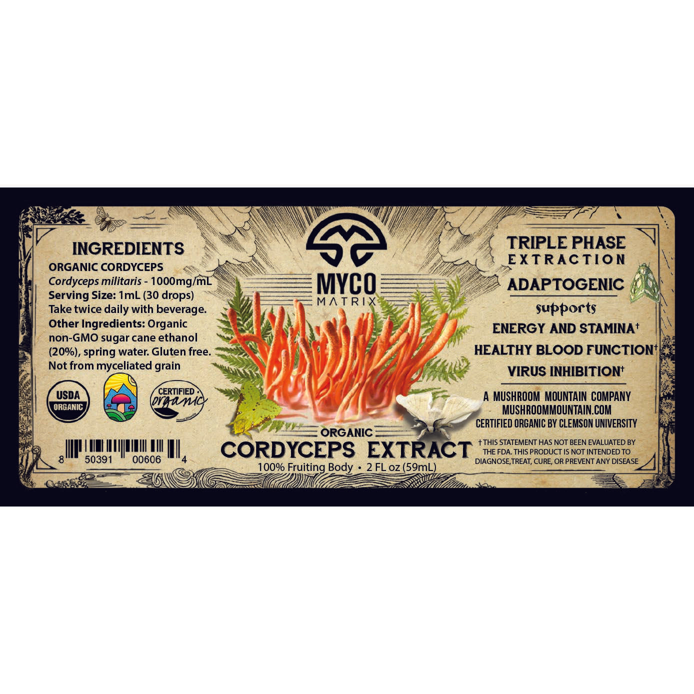 Mycomatrix Cordyceps adaptogenic mushroom extract by Mushroom Mountain in a 2oz jar, showing the product label and packaging.