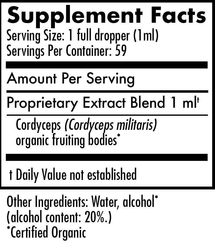 Mycomatrix Cordyceps adaptogenic mushroom extract bottle from Mushroom Mountain, 2oz, with label and product packaging visible.